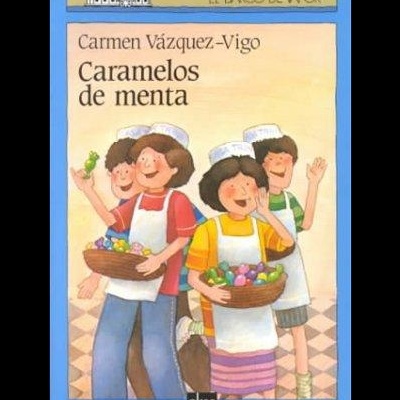 Capa do livro Caramelos de menta com três crianças segurando caramelos coloridos.