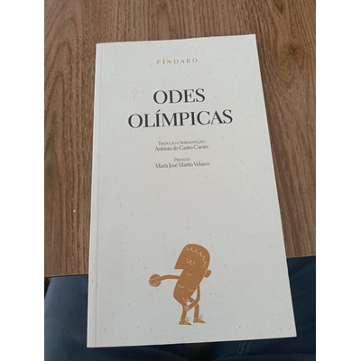 Capa de livro branco com título ODES OLÍMPICAS e ilustração castanha de figura estilizada