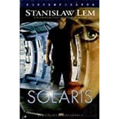 Capa de livro Solaris com rosto meio humano meio metálico e figura masculina ao fundo
