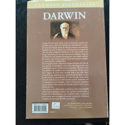 Capa traseira do livro biográfico sobre Charles Darwin com texto em português e etiqueta de preço.