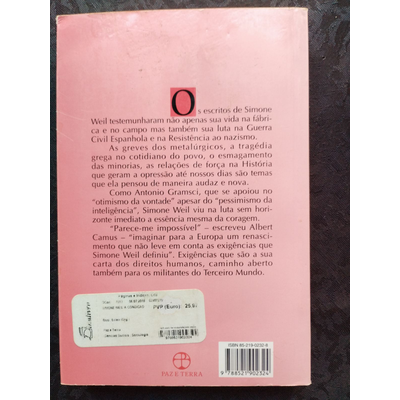 Verso de livro rosa com texto em português, selo da editora Paz e Terra, código de barras e etiqueta de preço