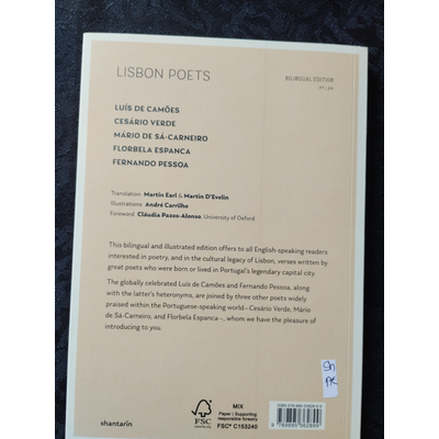 Capa de livro bilingue Lisboa Poets com texto e selo FSC