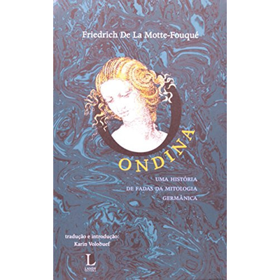 Capa de livro Ondina com ilustração de rosto feminino e texto em tons azuis.