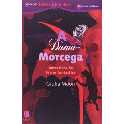 Capa do livro A Dama Morcega com ilustrações de morcegos e figuras humanas em vermelho e roxo