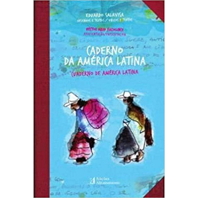 Capa azul de livro Caderno da América Latina com duas figuras tradicionais e lombada vermelha