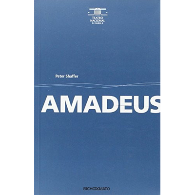 Capa azul de livro Amadeus de Peter Shaffer com texto e logótipo do Teatro Nacional D. Maria II