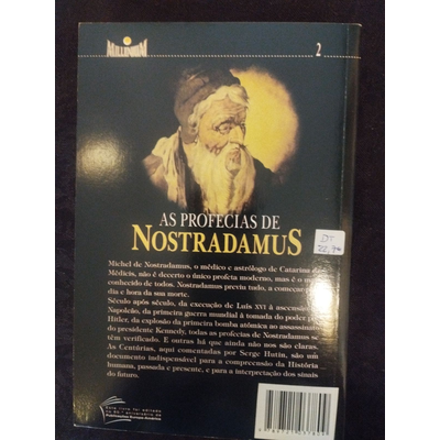 Capa traseira do livro As Profecias de Nostradamus com imagem e texto informativo