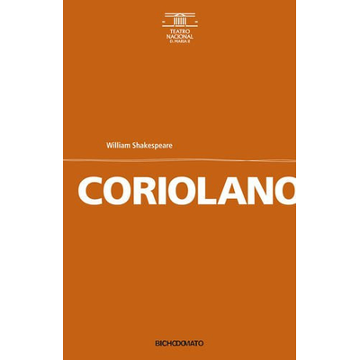 Livro com capa laranja e texto branco e preto sobre a peça Coriolano de William Shakespeare