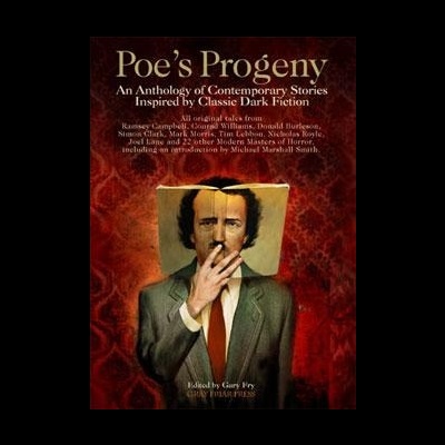Capa de livro Poes Progeny com imagem estilizada de homem e máscara de Edgar Allan Poe