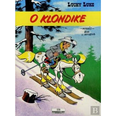 Capa de banda desenhada de Lucky Luke a esquiar com cavalo em neve
