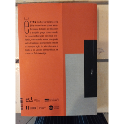 Verso de livro com texto em português e design em laranja, cinzento e preto