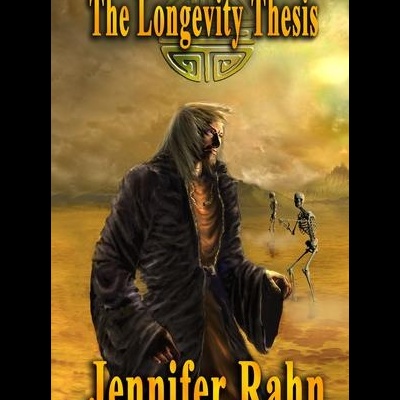 Capa de livro The Longevity Thesis com figura humana e esqueleto em deserto