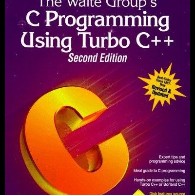 Capa do livro The Waite Groups C Programming Using Turbo C++ com letra C grande em 3D amarela e fundo roxo.