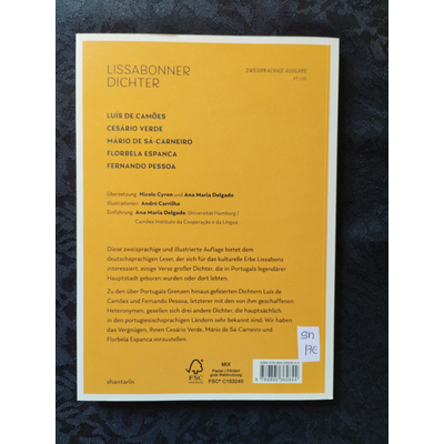Capa amarela de livro com texto em alemão e português e etiquetas de preço
