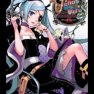Capa de manga com personagem feminina de cabelo azul claro e arma