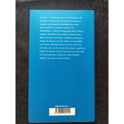 Livro azul de capa dura com texto descritivo em português no verso
