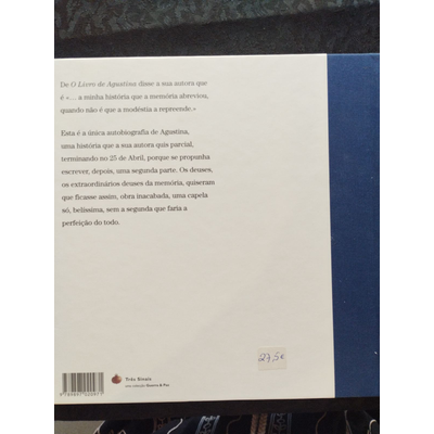 Parte traseira de um livro com texto em português e faixa azul
