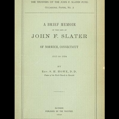 Folha de livro com título e texto impresso sobre John F. Slater