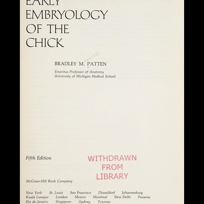 Título do livro EARLY EMBRYOLOGY OF THE CHICK com carimbos de biblioteca