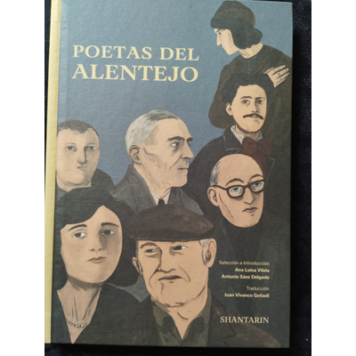 Capa de livro POETAS DEL ALENTEJO com ilustração de retratos e texto informativo