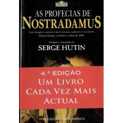 Capa de livro preto e vermelho com texto sobre as profecias de Nostradamus