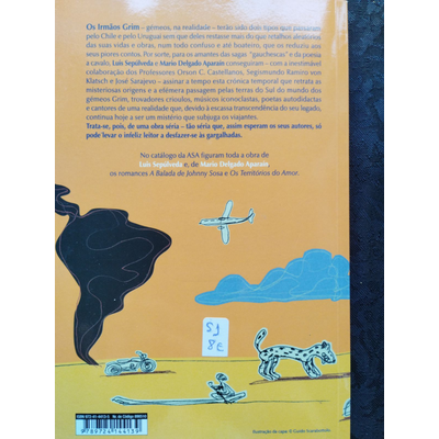 Contracapa de livro com texto e desenhos simples de figuras em azul, amarelo e preto.
