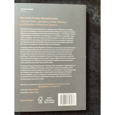Verso de livro com texto em francês sobre fundo cinzento