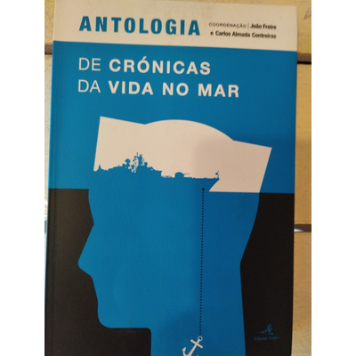 Capa de livro azul, preto e branco com imagem estilizada de navio, água e âncora.