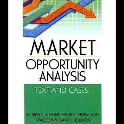 Capa de livro Market Opportunity Analysis com setas coloridas em fundo quadriculado verde