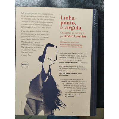 Contra-capa de livro com caricatura de homem e texto em português sobre o autor André Carrilho