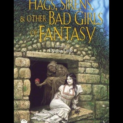 Capa de livro com mulher em vestido branco e figura encapuzada numa caverna