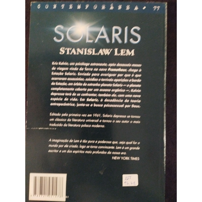 Capa traseira do livro Solaris de Stanislaw Lem com texto em português, código de barras e etiqueta de preço.