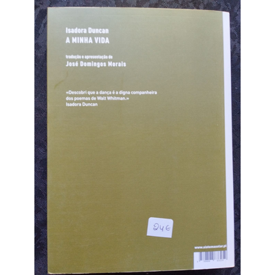 Livro A MINHA VIDA de Isadora Duncan com capa verde-oliva e etiqueta de preço 24€