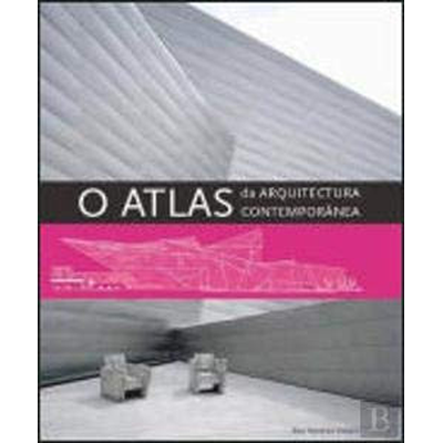Capa de livro O ATLAS da ARQUITECTURA CONTEMPORÂNEA com design moderno e cadeiras cinza