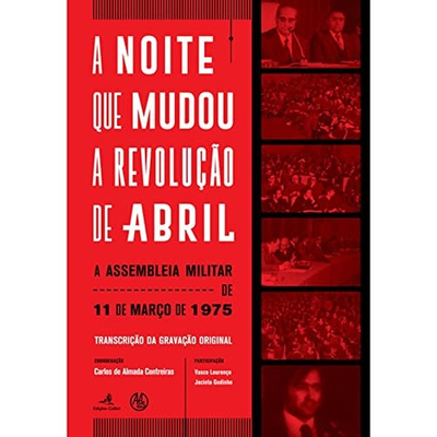 Capa de livro vermelha com texto sobre a revolução de abril e imagens em tons vermelhos