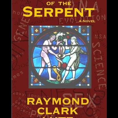 Capa de livro com título COILS OF THE SERPENT e imagem central tipo vitral de Adão e Eva com serpente