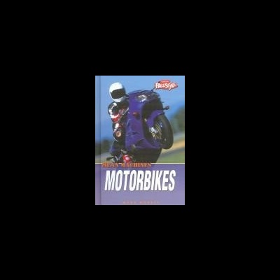 Capa de livro MOTORBIKES com uma mota roxa e motociclista com capacete branco