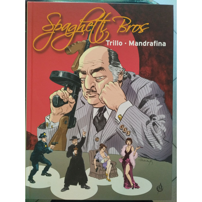 Capa de livro Spaghetti Bros com ilustração de homem de fato às riscas e várias pequenas figuras