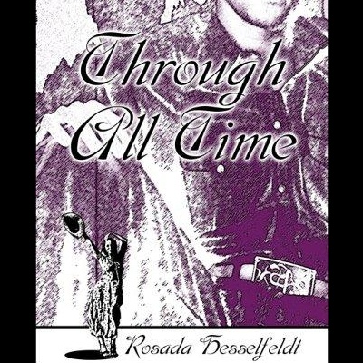 Capa de livro Through All Time com nome da autora Rosada Besselfeldt em tons roxos.