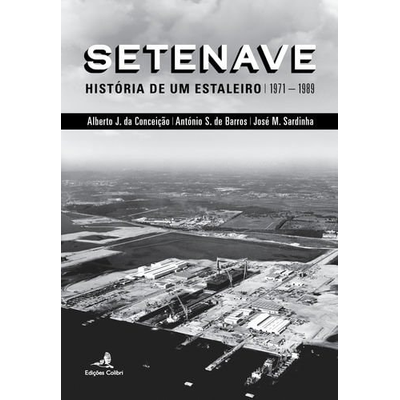 Capa de livro com fotografia aérea de um estaleiro naval e texto em preto e branco