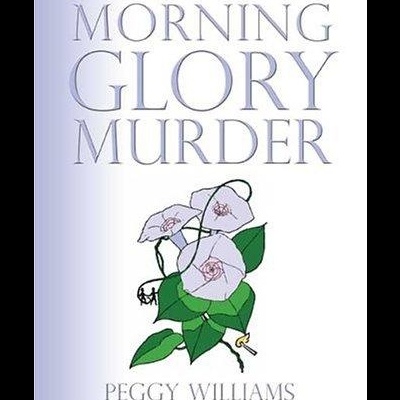 Capa de livro Morning Glory Murder com flores cor-de-rosa e texto cinzento