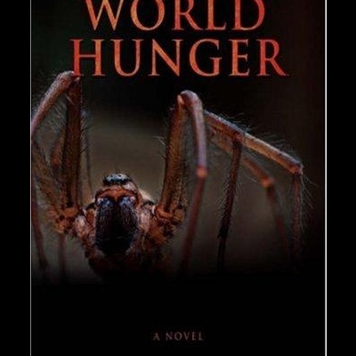 Capa de livro com título WORLD HUNGER e imagem de aranha