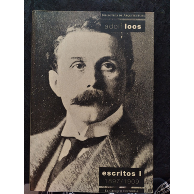 Capa de livro com foto preta e branca de Adolf Loos e texto informativo