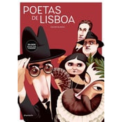 Capa de livro Poetas de Lisboa com ilustrações caricaturais de cinco pessoas