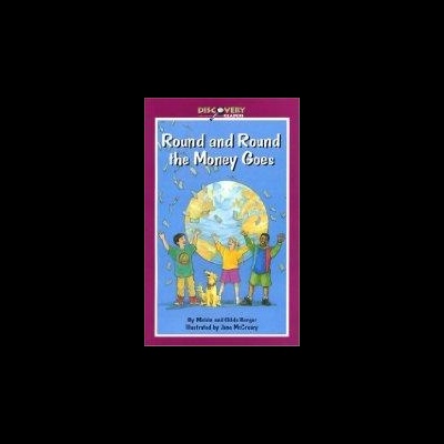 Capa de livro com crianças e globo terrestre e texto Round and Round the Money Goes