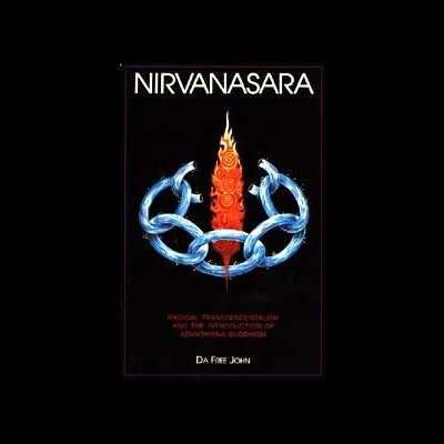 Capa de livro NIRVANASARA com cadeia azul e chama laranja sobre fundo preto