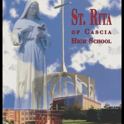 Imagem com estátua de freira, edifícios clássicos, cruz e texto St. Rita of Cascia High School