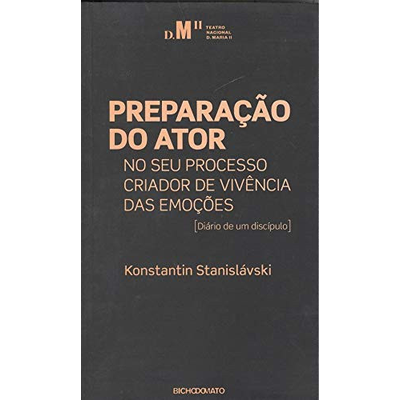 Capa preta de livro Preparação do Ator de Konstantin Stanislávski com texto em cor de salmão e branco