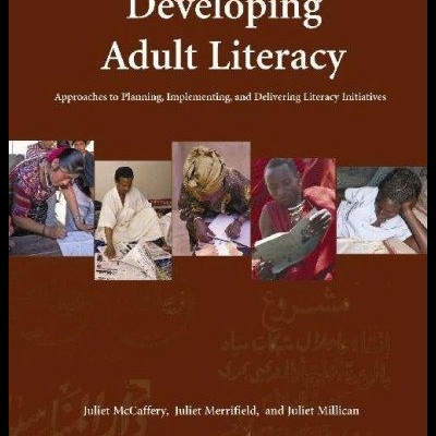 Livro titled Developing Adult Literacy with images of adults writing