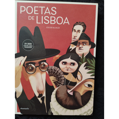 Capa de livro em vermelho com título POETAS DE LISBOA e caricaturas de cinco pessoas